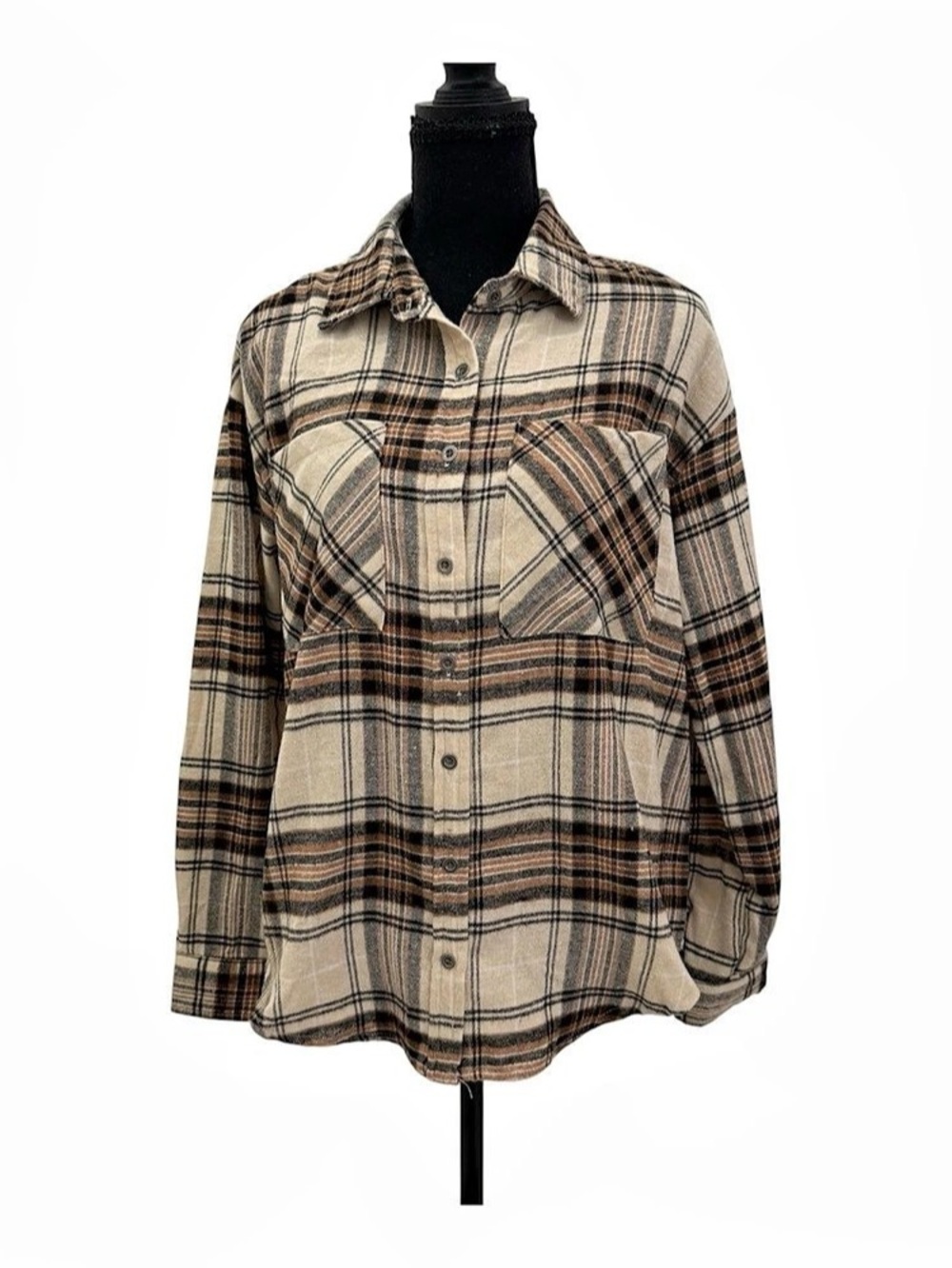 no comment Plaid Button Down Shirt in Brown & Cream Size Small NWT